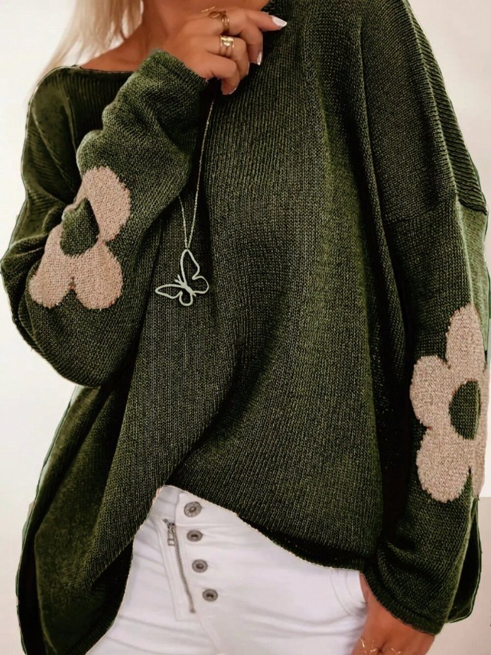 Dark Green Casual Women's Loose Fit Plants Drop Shoulder Crewneck Knit Top